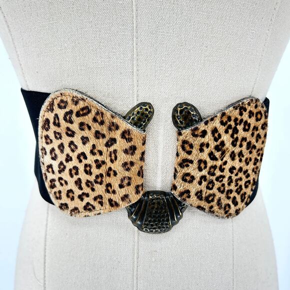 Vintage 80s Nan Lewis Leopard Pony Hair Genuine Leather Wide Belt - Picture 2 of 8